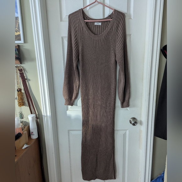 In Loom Brown Sweater Bodycon Maxi Dress Scoop Neck Oversize Sleeves Size L - Picture 4 of 11